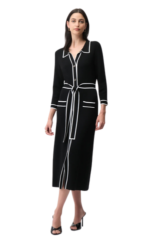 Viscose Shirt Dress w/ Contrast Piping, Black/Vanilla