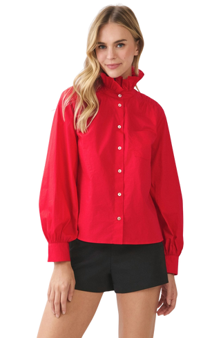 Ruffled High-Neck Button Down Shirt, Red