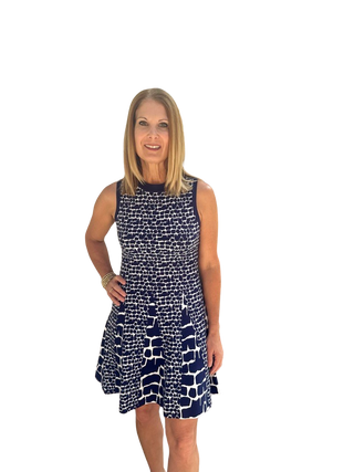 Tile Wave Jacquard Knit Mini Flare Dress, Navy/Ecru