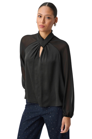 Satin Top With Chiffon Sleeves, Black