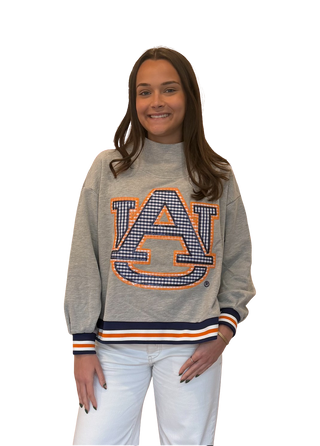 Multi Licensed Auburn Grey Gingham Mascot Mock Neck Sweatshirt