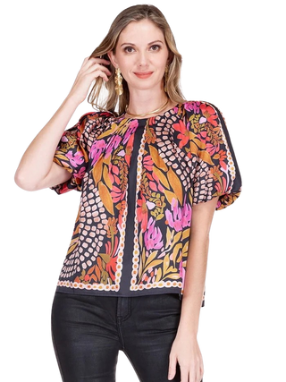 Pleated Puff Slv Top, Paved Petals