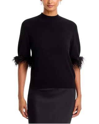 Short Sleeve Feather Mockneck Sweater, Black