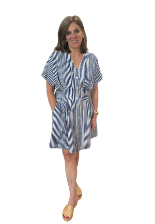 S/S Striped Button Down Dress, Blue