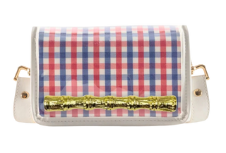 Petite Red And Blue Plaid Clear Stadium Bag With Gold Bamboo Stick - Red & Blue Plaid