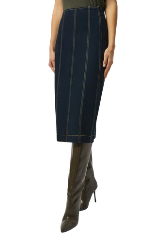 Stretch Denim Panelled Pencil Skirt, Indigo