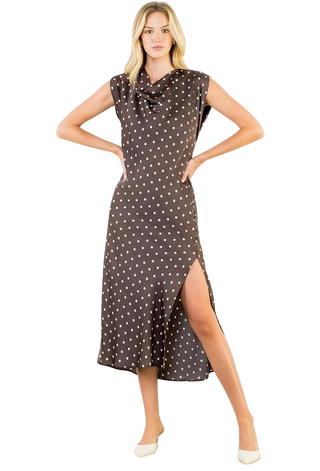 Cowl Neck Polka Dot Slit Dress FTM3496-4-BR